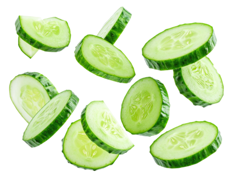 Sliced cucumbers in mid-air, various thicknesses and angles
