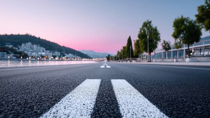 Coastal Highway at Dawn with Pink Sky and Green Trees Perspective View