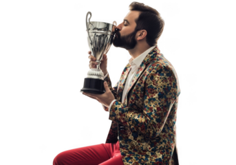 Man in elaborate jacket kisses champion trophy celebrating victory and success isolated on transparent background