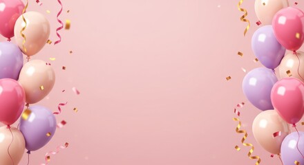 Balloons and confetti on a pink background suitable for a celebration.