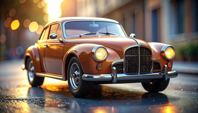 Fototapeta Vintage Orange Sedan on Wet Street at Sunset