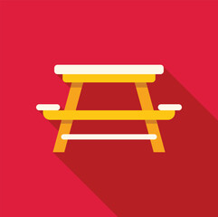 Simple flat design of a yellow picnic table with white top and benches, casting a long shadow on a red background, perfect for outdoor leisure concepts