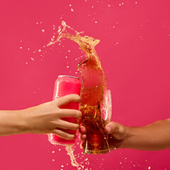 Golden beer splash bursting from mockup can and glass impact. Concept of alcohol campaigns, social media visuals, beverage advertising, monochrome and bold party celebration energy.