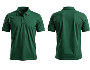 Front and back view of a dark forest green polo shirt