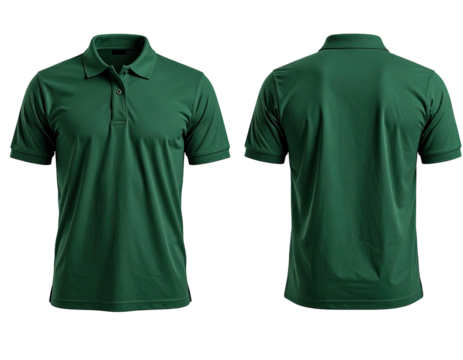 Front and back view of a dark forest green polo shirt