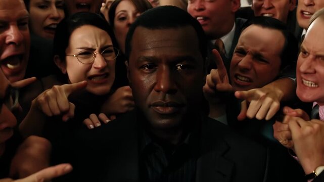 African American Man in the center surrounded by a crowd of people pointing fingers and shouting at him. Concept of blame and accusation, racial discrimination.