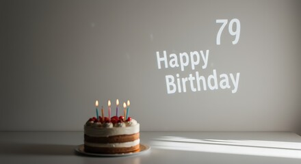 A birthday cake with lit candles and the words Happy Birthday and the number 79 projected on the wall.