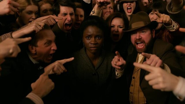 Group of people angrily pointing fingers at a woman standing in the center. The concept of racial discrimination and equality.