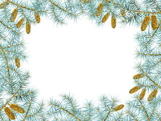 Fir green natural forest pine cones tree needles branches greenery hand drawn watercolor illustration frame. Decorative winter seasonal isolated background. Decoration, poster, print card decor