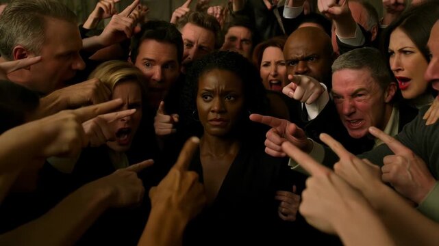 Group of people angrily pointing fingers at a woman standing in the center. The concept of racial discrimination and equality.