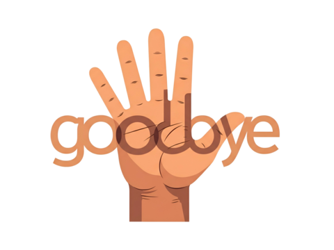 A hand with fingers extended, showing the word "goodbye" overlaid on the palm and fingers.