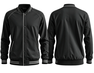 Black varsity jacket, front and back view,  showing details of the design