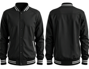 Front and back view of a black varsity jacket with white stripes