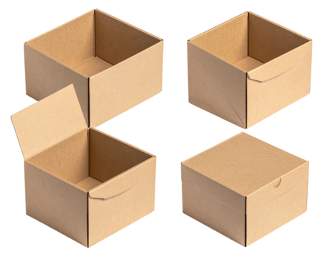Four square, light-brown cardboard boxes,  displayed in isometric views, some open, some closed.  Aligning in a diamond shape, showcasing various angles