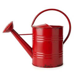 Weathered red metal watering can on white background representing rustic, aged, textured, nostalgic