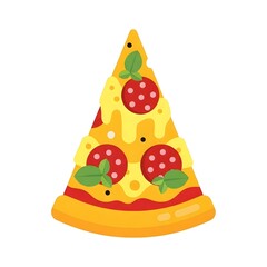 Vibrant flat vector illustration of a delicious pepperoni pizza slice, adorned with melted cheese and fresh basil leaves, perfect for food apps, menus, or promotional designs