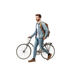 Obraz premium a young man is walking with his bicycle on a white background
