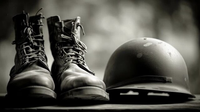 Military Boots and Helmet in Black and White