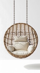 Circular rattan hanging chair with cushions on white background representing cozy, minimal, rustic, modern
