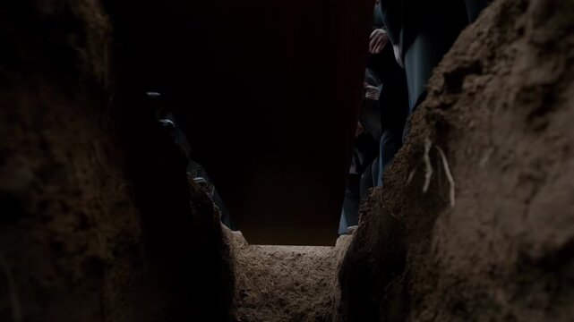 Group of mourners lowering a coffin into a grave during a funeral ceremony. Concept of death and loss.