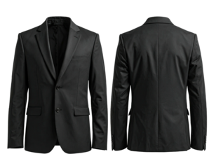 Full view of a dark gray/black suit jacket, front and back