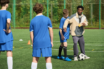 Black man coaching group of teenage boys during soccer training session on outdoor field, demonstrating technique with soccer ball while giving instructions