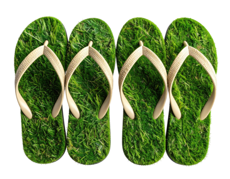Four flip-flops with artificial grass soles, arranged in a row