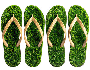 Four pairs of flip-flops with a grass texture
