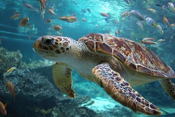 Fototapeta premium Oversized Green Turtle Swimming Among Tropical Fishes in Vibrant Aquarium Setting