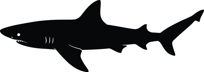 Hunting, Subject: Black Shark, Location: Ocean Waters, Content Type: Vector Art, Environment: Underwater Scene, Viewpoint: Side Profile, Concept: Vector Fish Silhouette