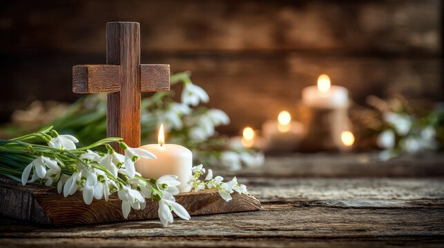 Serene Wooden Cross with Snowdrop Blooms and Softly Glowing Candles. Abstract Background for Religious Celebrations and Easter Reflections.