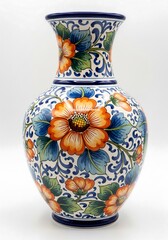 Ceramic vase with floral hand-painted patterns on white background representing decorative, vibrant, artistic, traditional