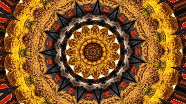 Vibrant kaleidoscope pattern loop 4K footage, kaleidoscopic spice pattern red yellow background