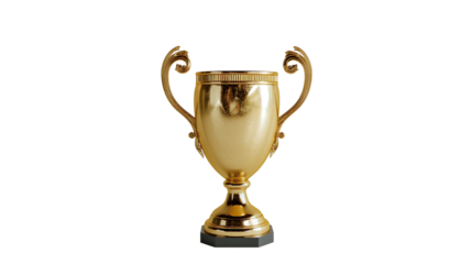 Golden trophy cup symbolizing victory, achievement, and success in sports or business awards, isolated on transparent background, PNG.