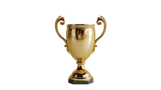 Golden trophy cup symbolizing victory, achievement, and success in sports or business awards, isolated on transparent background, PNG. - Powered by Adobe