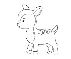 Cute woodland animal fawn, hand drawn outline illustration for coloring page, baby deer