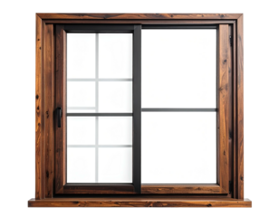 Dark brown wooden framed window with divided panes