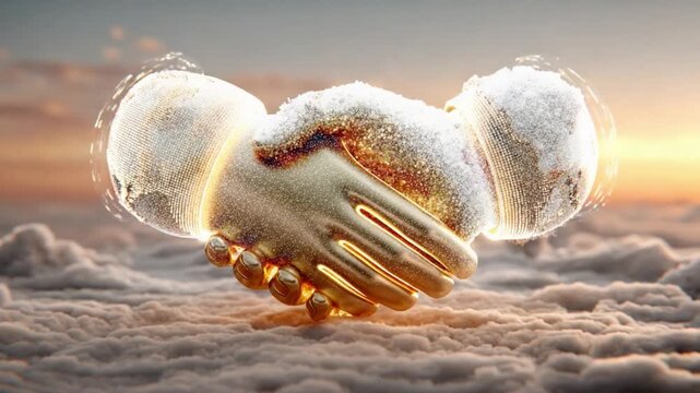 Global Harmony: A symbolic depiction of two hands clasped in a handshake, representing global unity, set against a backdrop of fluffy clouds and a vibrant sunrise.