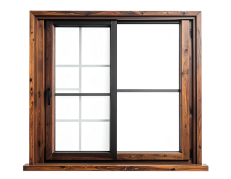 Dark brown wooden framed window with divided panes