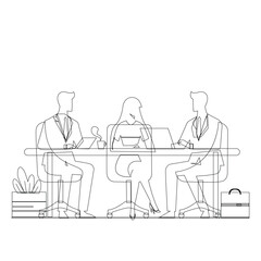 Hand-drawn outline vector of office team meeting around table discussing project ideas