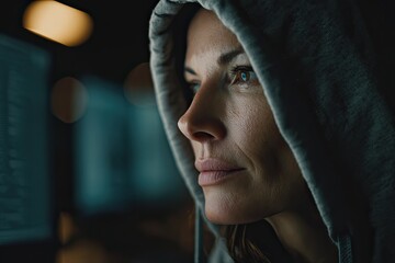 Woman hacker wearing hoodie and looking at computer screen in dark room. Cybersecurity, software development.