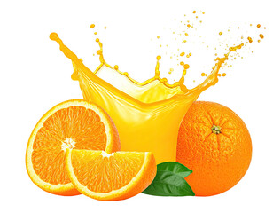 Fresh orange juice splash with oranges and slices