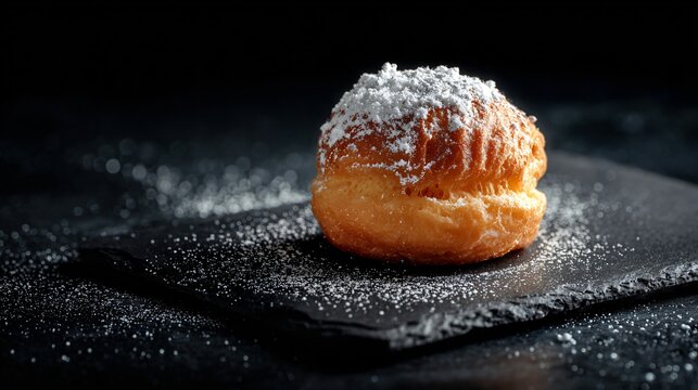 Single zeppola with powdered sugar on a black slate plate, charcoal background, cinematic lighting