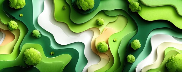 Fototapeta premium Abstract Green Layered Landscape with 3D Tree Forms, Eco-Friendly Design Resource, Organic Topography Visualization, Gradient Foliage with Depth Illusion