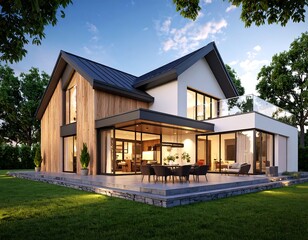 A striking modern two-story house with a black and white facade, large glass sliding doors, a ground-floor patio, and an upper-level glass balcony, set in a spacious, sunny green garden.