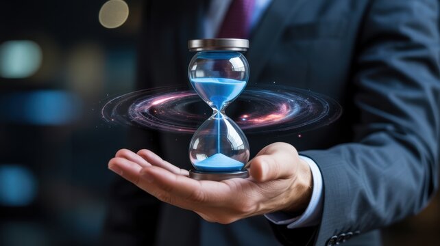 Time's Cosmic Embrace: A person in a suit gently cradles an hourglass, its grains of time elegantly cascading against a backdrop of cosmic energy, symbolizing the preciousness of each moment.