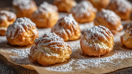 Zeppole arranged neatly on baking paper, rustic oven setting, flour-dusted table