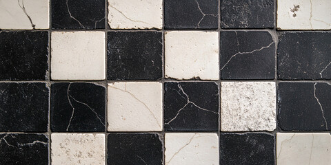 Banner with black and white square shaped old chipped tiles
