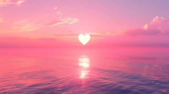 beautiful pink heart-shaped sunset shines over colorful, glowing water, creating a stunning summer atmosphere reminiscent of paradise.
