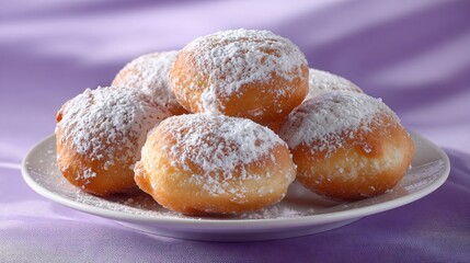 Zeppole on white porcelain plate, lavender-colored background, airy and dreamy mood